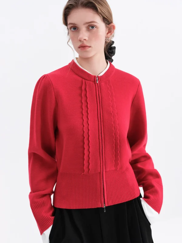 Red Slim-Fit Knitted Cardigan with Zipper for Women