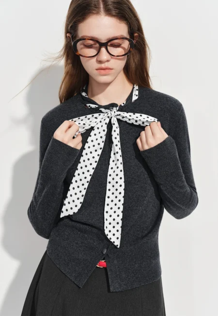 FSLE 2026 Spring Women's Commute Grey Polka Dot Scarf Knit Cardigan Elegant Round Neck Open Front Sweater for Office Casual