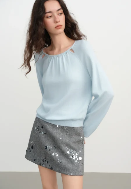 FSLE Autumn Winter Women's Lace Knit Sweater Beaded Detail Rabbit Wool Blend Round Neck Pullover Top Casual Comfort Fit​