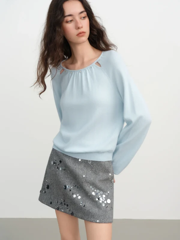 FSLE Autumn Winter Women's Lace Knit Sweater Beaded Detail Rabbit Wool Blend Round Neck Pullover Top Casual Comfort Fit​