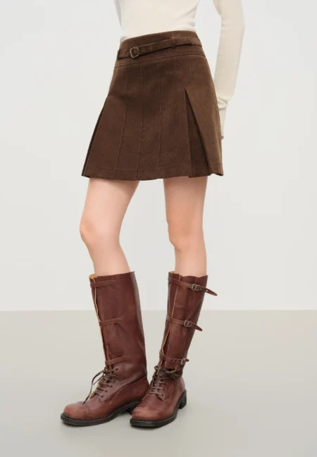 FSLE Vintage High Waisted Pleated Half Skirt Commuter Corduroy A Line Mini Skirt Autumn Winter New Arrival Office Skirt
