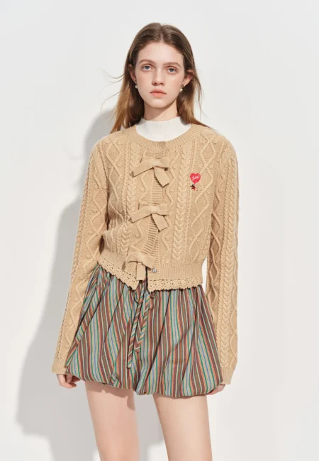 FSLE 2026 Spring Women's Bow Tie Wool Blend Cable Knit Cardigan Retro Style Open Front Sweater for Casual and Daily Wear​