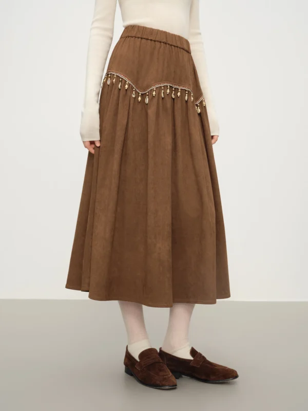 Retro Suede Shell A-line Midi Skirt with Tassel Detail