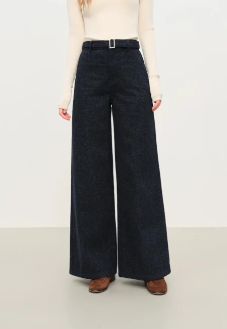 Stylish Deep Blue Sanded Denim High Waisted Wide Leg Pants for Women Winter New Arrival Straight Cut Floor Lenghth