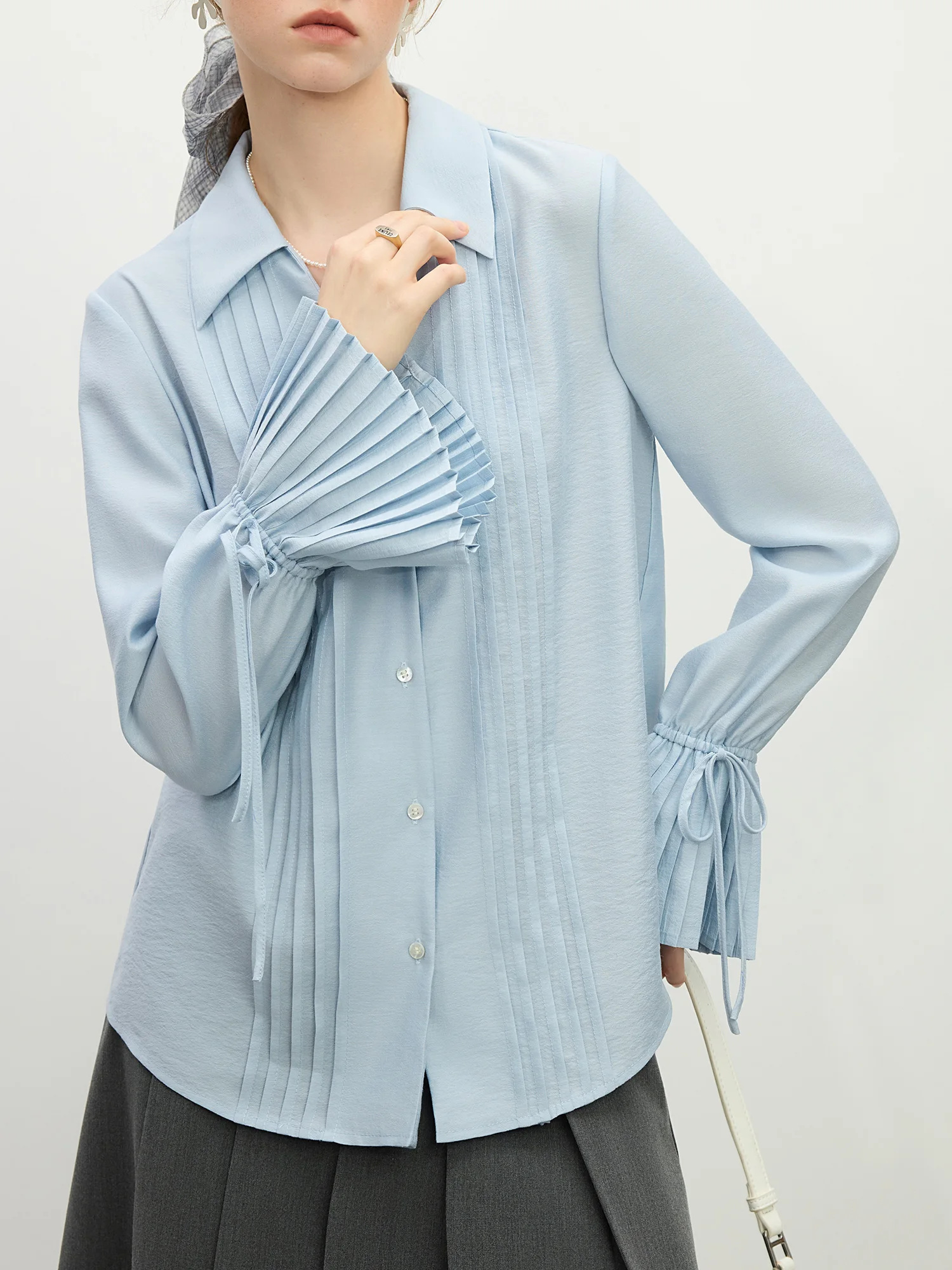 kf-Se3db517adc1a48fd90ce8dc1273167b2N FSLE Blue Shirt For Women Spring New Design French Style Pleated Long Sleeve Chic Shirt Versatile Casual Top 25FS11150