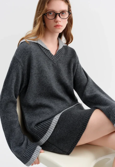 FSLE Fake Two piece Design Pullovers Female Contrast Color Lapel Loose Casual Sweater for Women Winter New Style