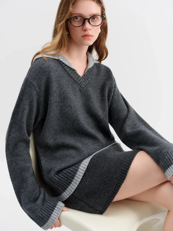 FSLE Fake Two piece Design Pullovers Female Contrast Color Lapel Loose Casual Sweater for Women Winter New Style