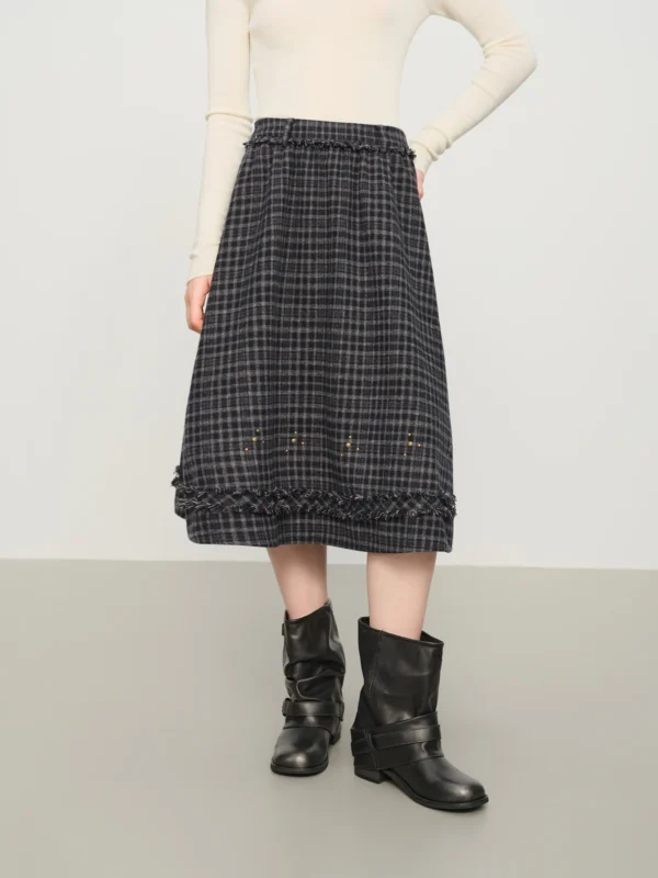 Checkered Wool High-Waisted A-Line Skirt