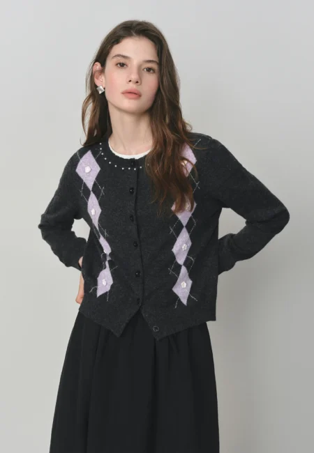 ​FSLE Autumn Women's Textured Diamond Knit Cardigan Colorblock Intarsia Floral Jacquard Open Front Loose Fit Casual