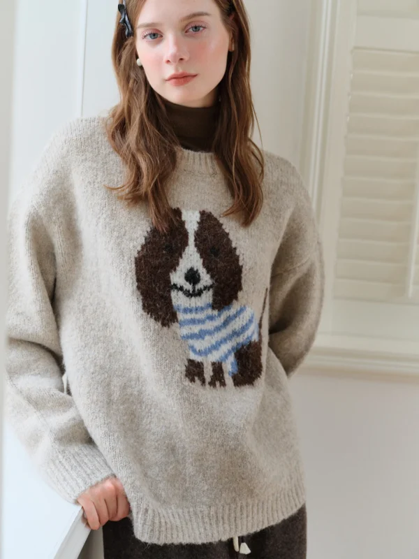 Round Neck Knitted Sweater with Cartoon Puppy Design - Loose Fit