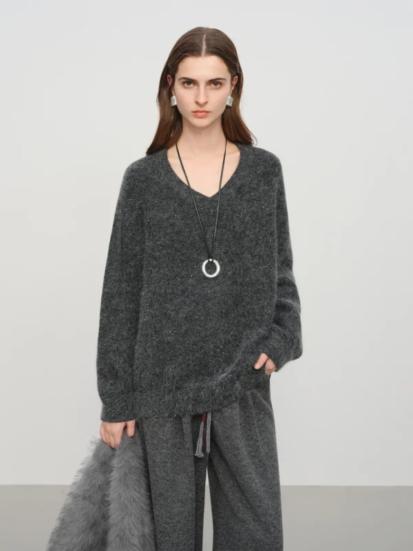 Cozy Dark Grey V-Neck Knit Sweater with Loose Fit