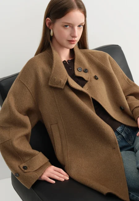 FSLE French Style Sheep Wool Cropped Wool Coat Women's Winter New Double faced Wool Jackets Simple Ins Stand Collar