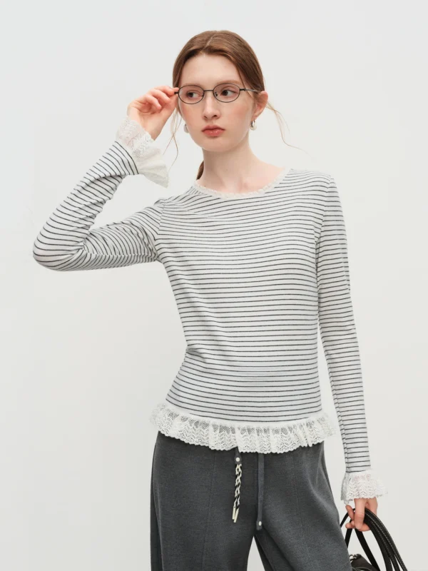FSLE Autumn New Top Women's Striped Knit T Shirt Long Sleeve Lace Trim Base Layer Top Soft Stretch for Casual Layering