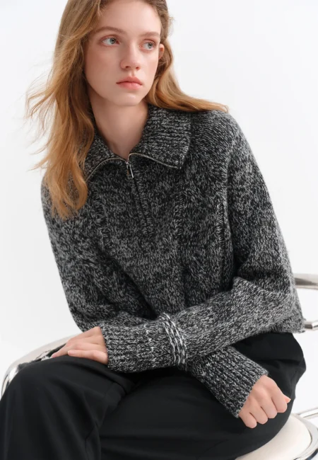 FSLE Winter Women's Vintage Grey Half Zip Pullover Knit Sweater Ribbed Mock Neck Top Cozy Oversized Casual Soft Wool Blend