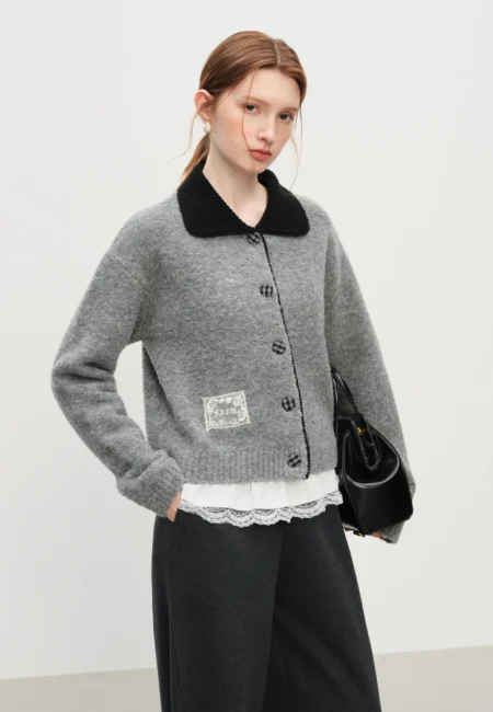 FSLE Winter Women's Preppy Style Color Block Knit Cardigan Sweet Peter Pan Collar Casual Coatigan with Vintage Inspired