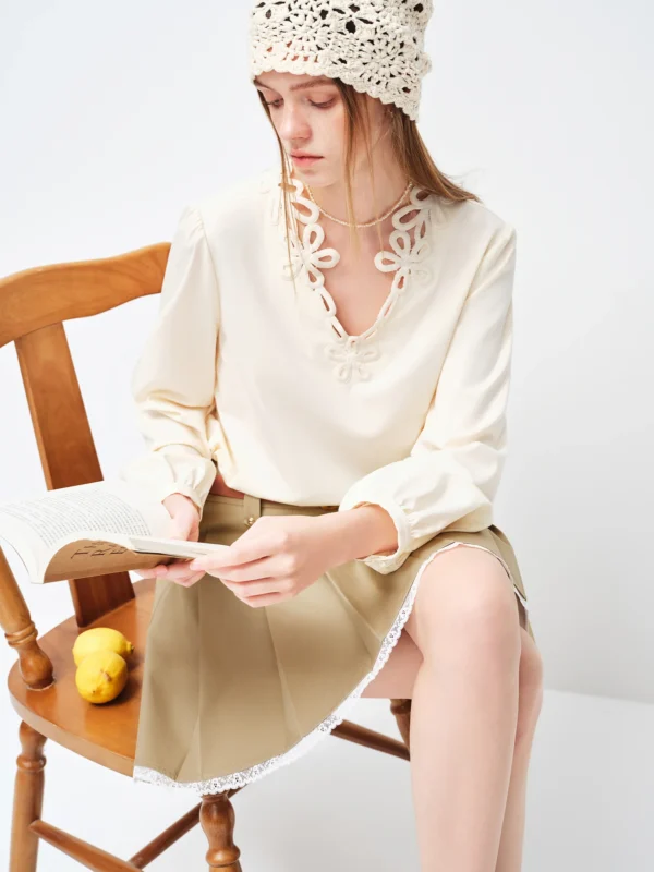 2026 Spring Women Wrinkle Resistant V Neck French Inspired Embroidered Blouse Easy Care Stretch Fabric Shirt for Office