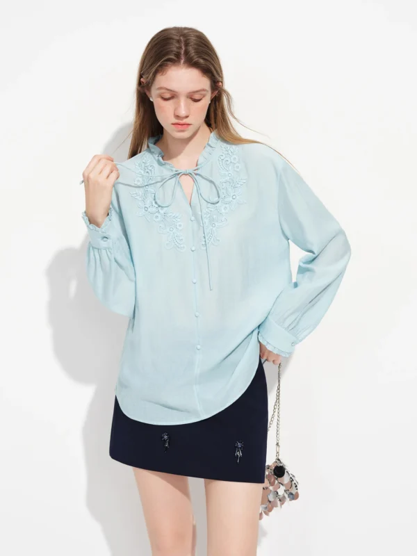 2026 Spring Women's Intricate 3D Floral Applique Tencel Linen Blend Tie Neck Shirt Elegant Casual Blouse