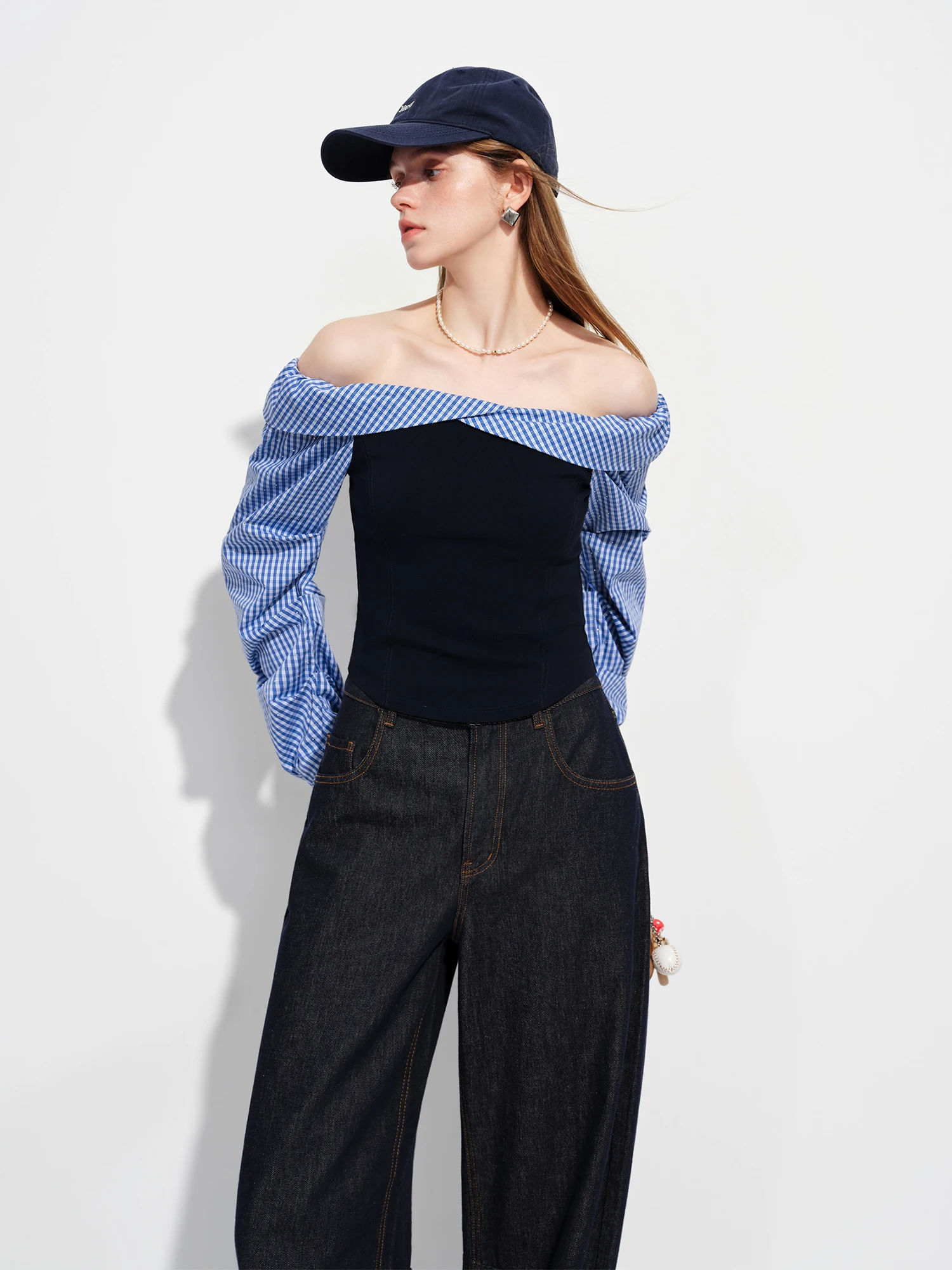 2026 Spring Women's Off-Shoulder Blue Gingham Blouse - Elegant Ruffled Lapel Long Sleeve Top for Office Commute 2026 Spring Women's Off Shoulder Blue Gingham Blouse Elegant Ruffled Lapel Long Sleeve Top for Office Commute