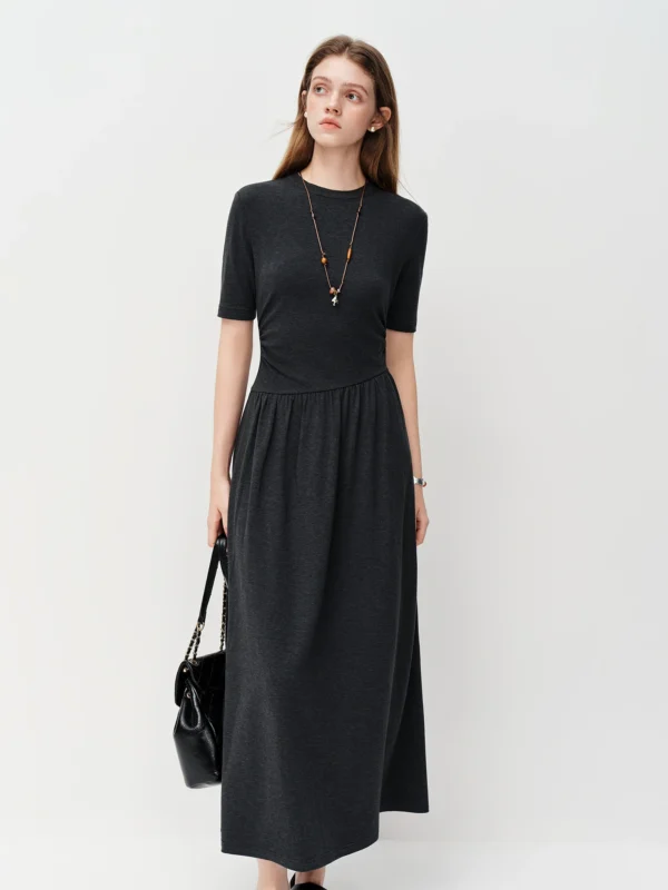 2026 Spring Women's Pleated A Line Long Dress Dark Grey High Waist Cinching Office Shift Dress Loose Fit Maxi Dress Casual