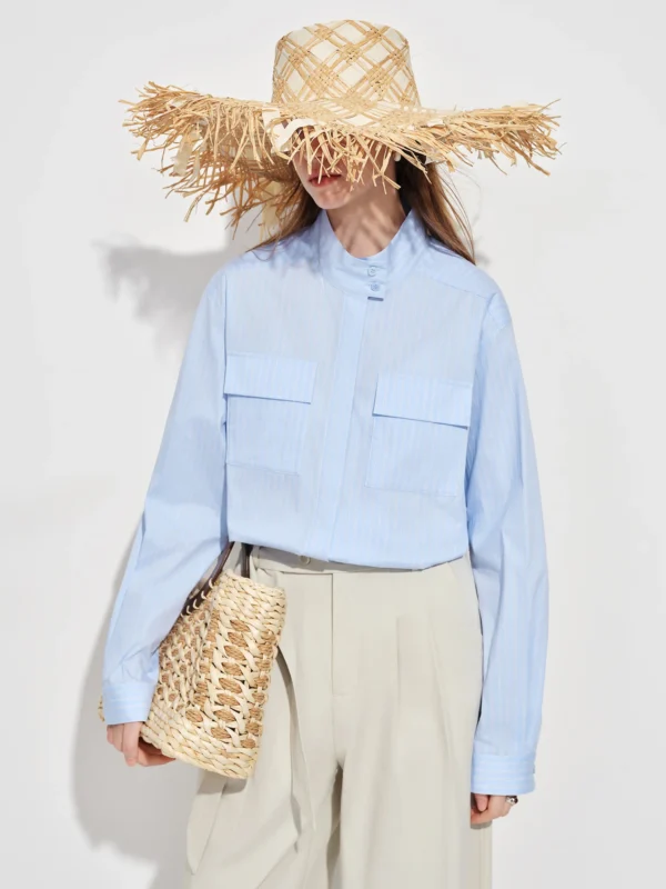 Relaxed Fit Stand Collar Shirt in Blue Stripes and Ivory