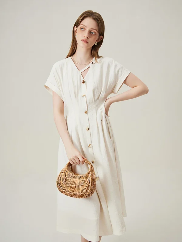 8 8% Linen Summer Women Long Thin Single Breasted Dress Temperament V Neck Raglan Sleeve Loose A LINE Dress 24FS12360