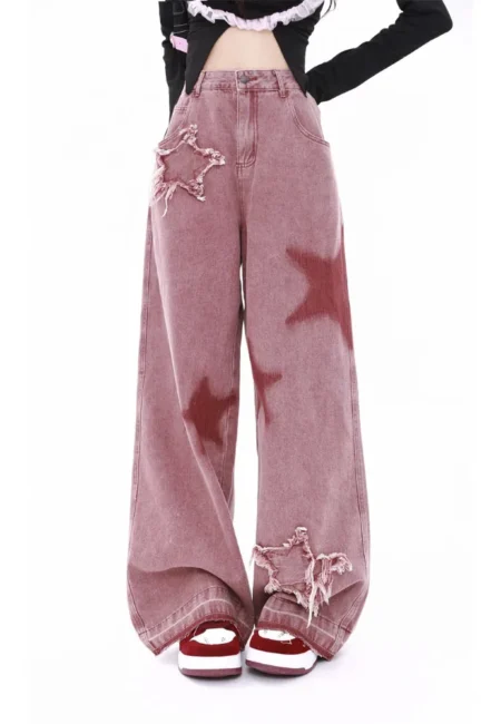 American Retro Jeans Five point Star Raw Edge Splicing Loose Wide leg Jeans Women Look Thin Trendy All match Mopping Pants Women