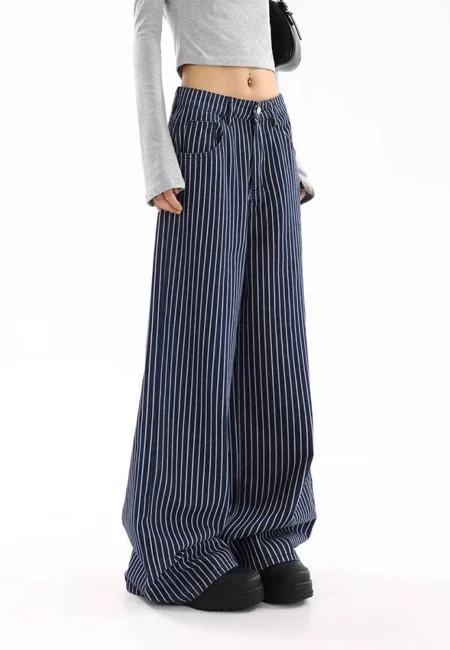 American Vintege Wide Leg Pants Women Autumn New Fashion Loose Straight Pants Korean Casual Striped Jeans