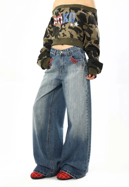 Blue Women's Jeans Hip hop Fashion Vintage Streetwear Y2K Wide Leg Straight Jean High Waist Trouser Classic Baggy Denim Pants