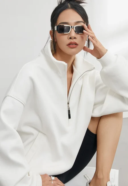 Casual Sweatshirts Half Zip Women Pullover New Overzised Hoodie Solid Color Stand Collar Long Sleeve Tops