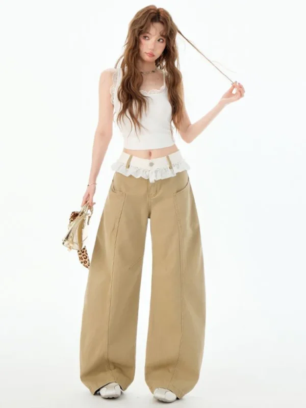 Casual Wide Leg Pants Women Summer New Lace Edge Patchwork Jeans Fashion Design Sense Niche Loose Trousers