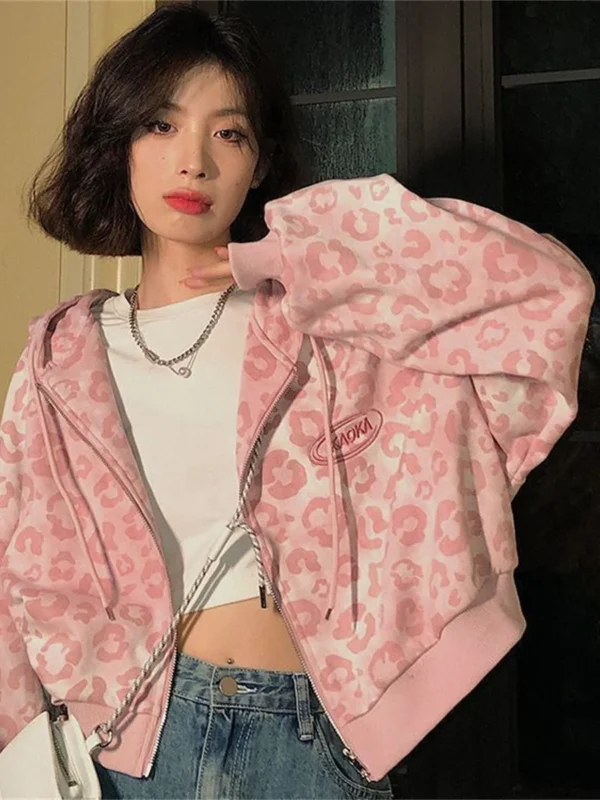Cool Pink Leopard Print Hoodie Sweatshirt Women Spring Autumn Punk Hoodies Tops Females Outwear Clothes Zip Up Crop Tops Girl