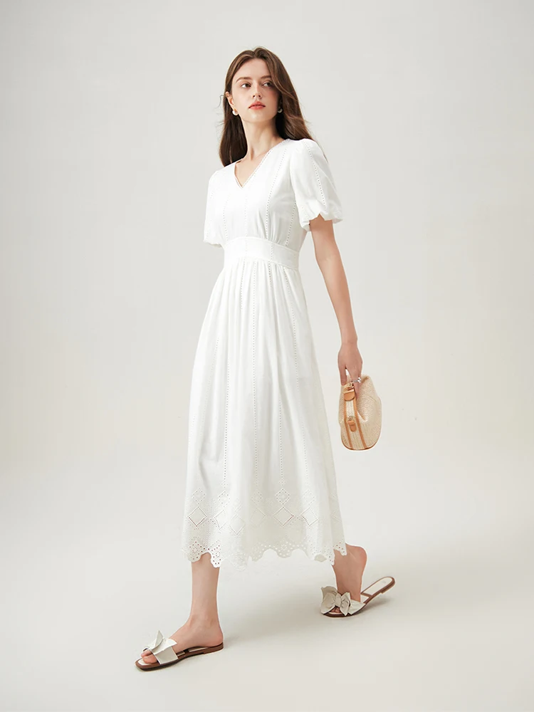 Cotton Embroidered White Dress Summer Long High Waist V-Neck Black A-LINE Dress Female Dresses 24FS12955 Cotton Embroidered White Dress Summer Long High Waist V Neck Black A LINE Dress Female Dresses 24FS12955