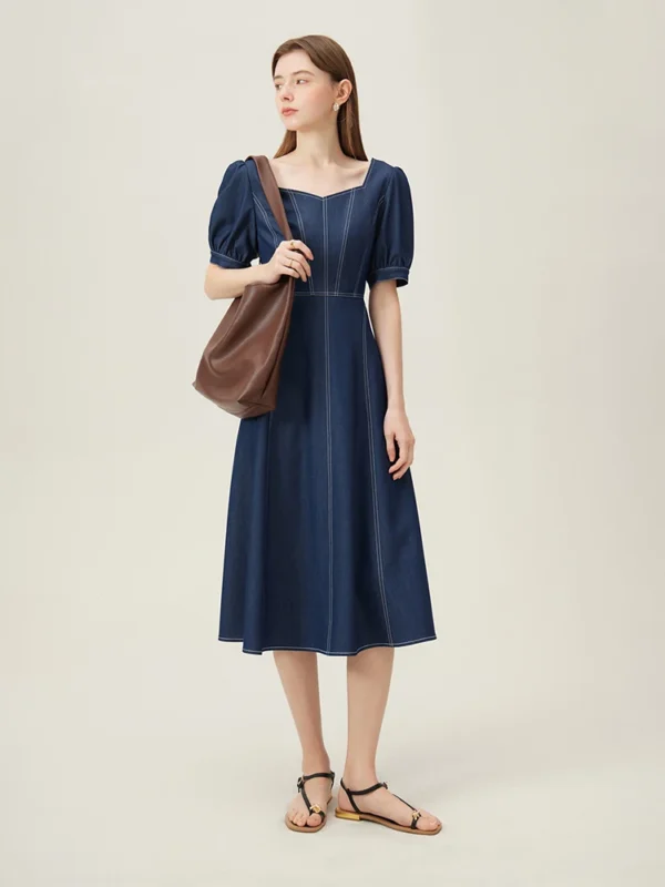 Dark Blue French Style Square Collar Imitation Denim Dress For Women Summer New Fit Chic Dress 24FS12139
