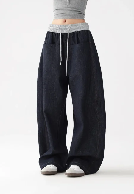 Elastic Waist Women's Jeans Harajuku Vintage BF Style Streetwear All match Loose Fashion Femme Wide Leg Denim Trousers