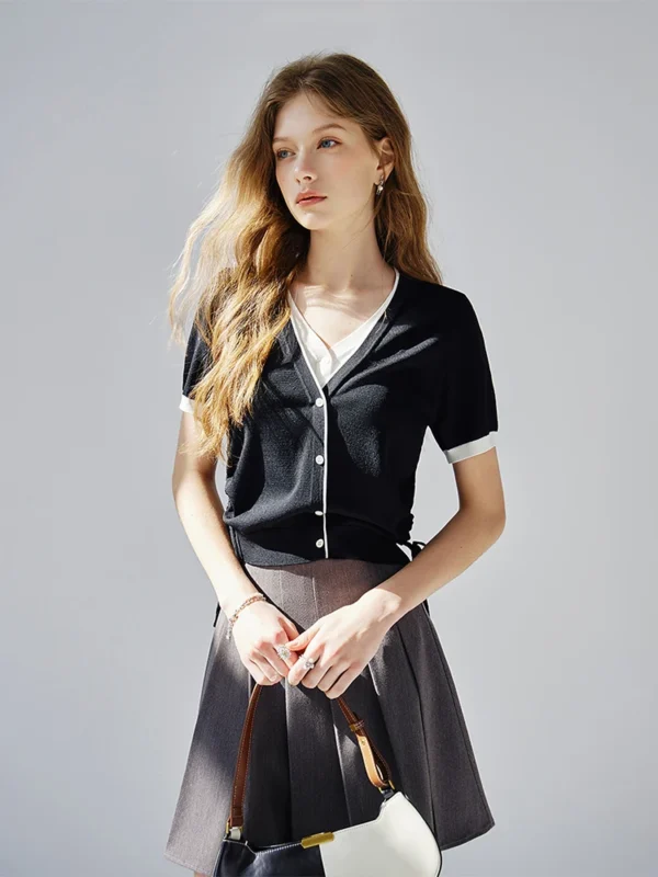 FSLE【2 Colors】Fake Two Piece Women Summer Short Sleeve Knitted Tops Single Breasted Female Short T Shirts 24FS12195