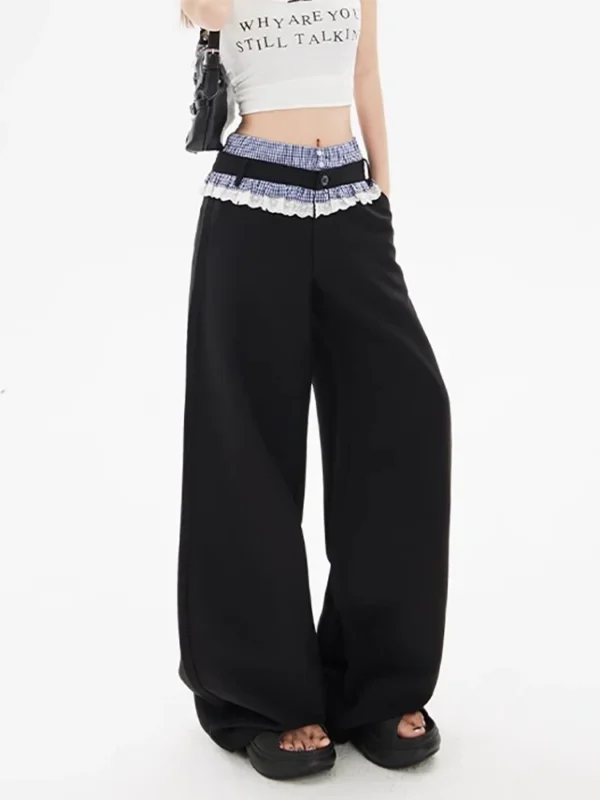 Fashion Lace Patchwork Casual Pants for Women Loose Wide Leg Pants High Waist All Match Straight Trousers