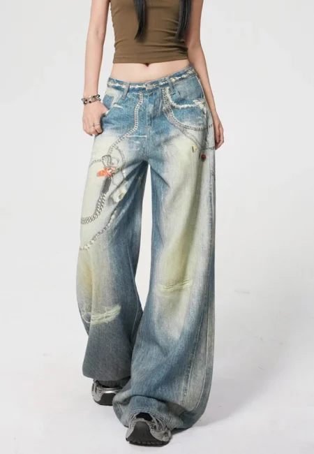 Fashion Printed Jeans Retro Floral Denim Mopping Trousers Korean Style High Street Loose Hip Hop Wide leg Jean Pants