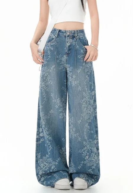Fashion Printed Jeans Retro Floral Denim Mopping Trousers Korean Style High Street Loose Hip Hop Wide leg Jean Pants