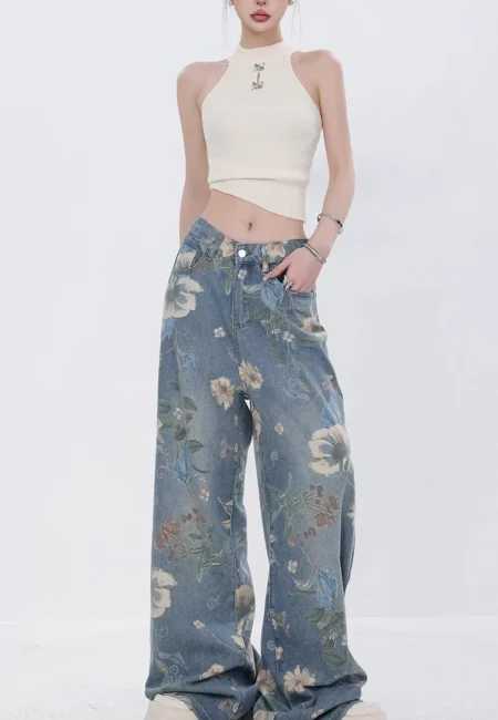 Fashion Printed Jeans Retro Floral Denim Mopping Trousers Korean Style High Street Loose Hip Hop Wide leg Jean Pants
