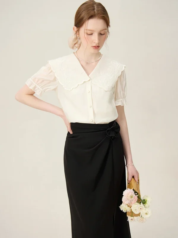 Ivory Heavy Embroidery Large Lapel Casual Shirt For Women