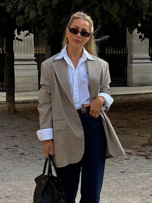 HH Women's Spring Fashion High Street Blazers Solid Plaid Pockets Single Breasted Female Turn Down Collar Long Sleeves Jackets