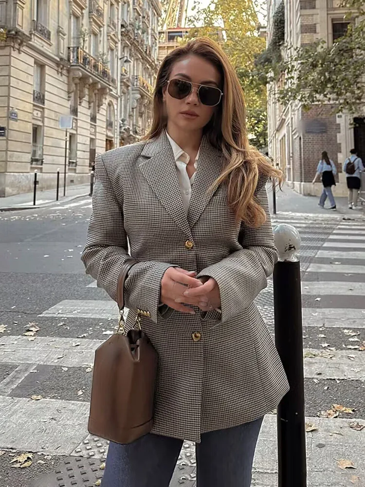 Hh Women'S Spring Khaki Blazers Houndstooth Turn-Down Collar Single-Breasted Women Streetwear Style Long Sleeves Jackets Hh Women'S Spring Khaki Blazers Houndstooth Turn Down Collar Single Breasted Women Streetwear Style Long Sleeves Jackets