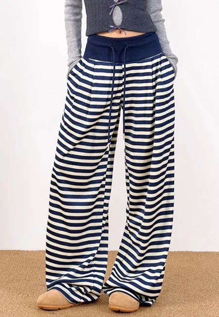 Harajuku Contrast Color Stripe Wide Leg Trousers Vintage Grunge Loose Casual Pant Y2k Aesthetic Women Straight Pants