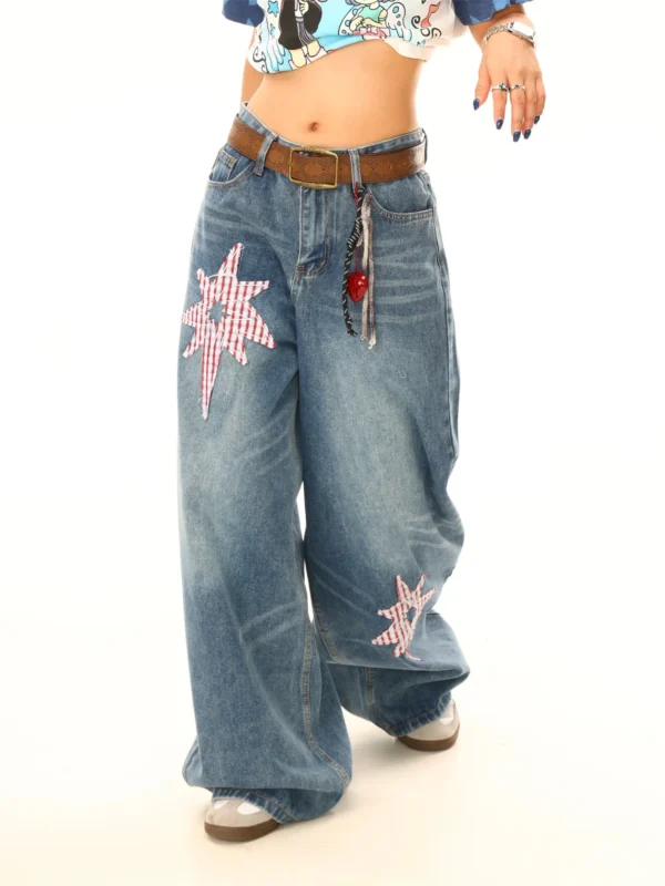 High Street Rivet Y2k Woman Long Jeans Denim Star Patchwork Straight Pants New Fashion Casual Women's Trousers