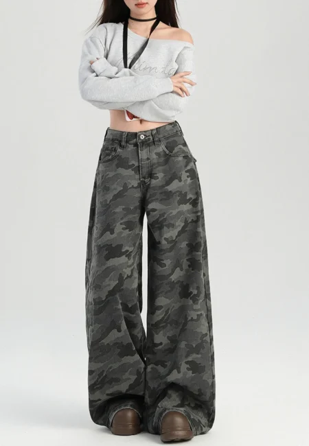 High Waist Baggy Casual Jeans for Womens Vintage Y2K Camouflage Straight Pants Street American Wide Leg Denim Trouser