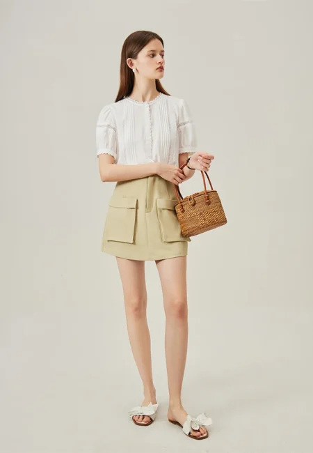 Khaki High Waist Women Skirt Shorts Cargo Style Pocket Decoration Female Summer Above Knee Shorts 24FS12488