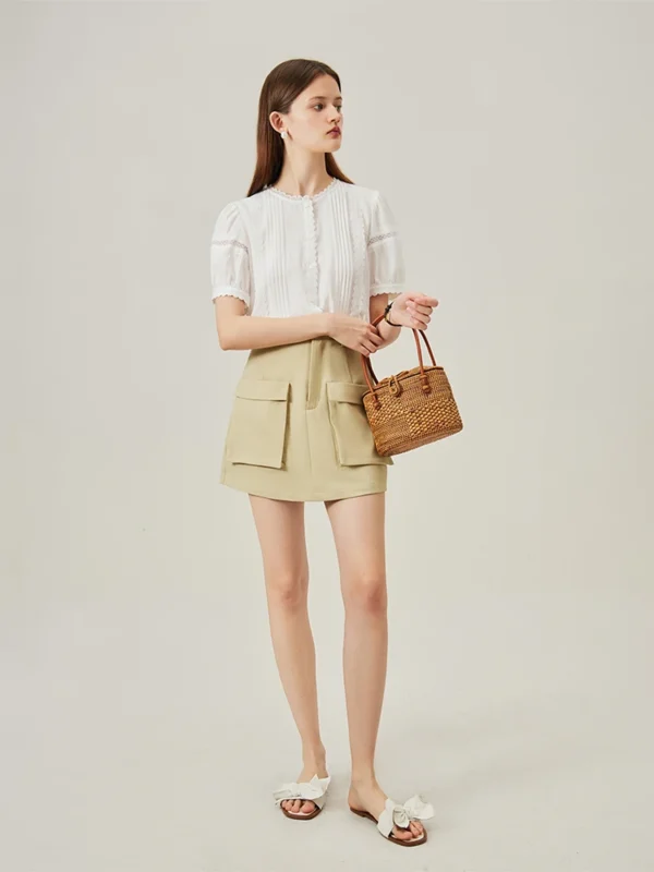 Khaki High Waist Cargo Shorts with Pockets