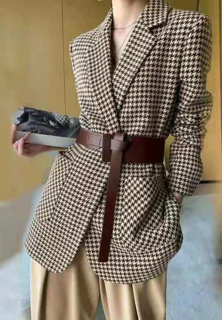 Korean Fashion Coats Chic Elegant Woman Jacket Autumn New In Office Lady Casual Plaid Belt Oversize Blazer Women Clothing