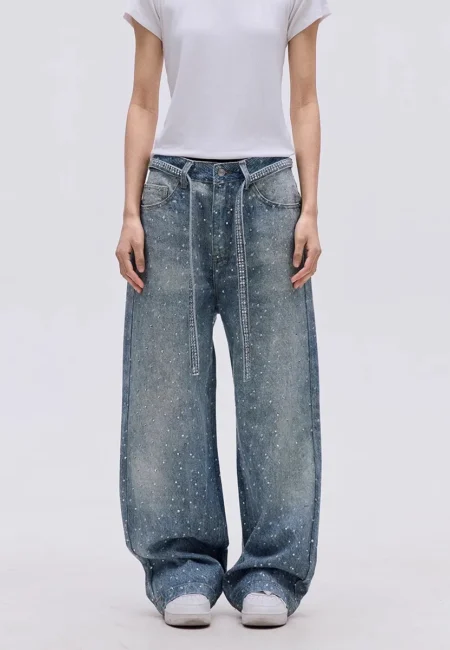 Luxury Women High Waist Shining Rhinestones Denim Jeans Trendy Wide Leg Baggy Pant Casual High Street Style Trousers