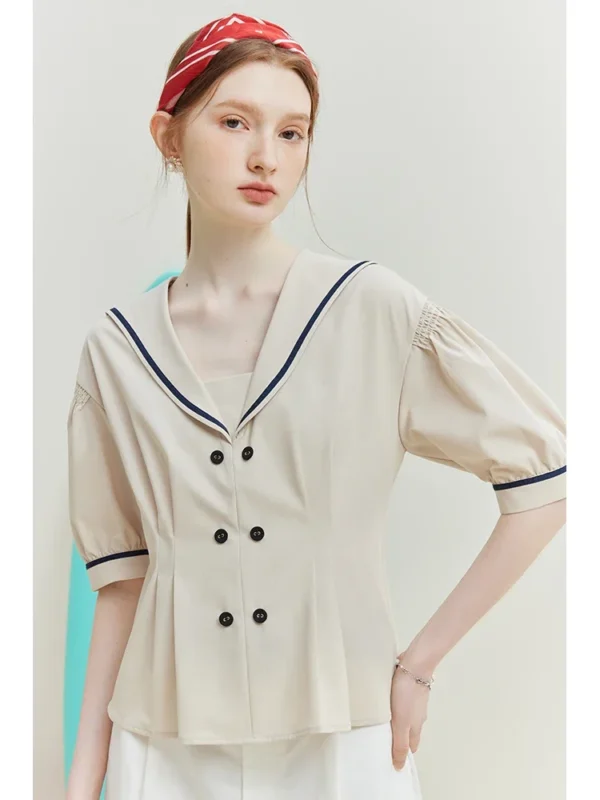 Navy Style V neck Short sleeved Shirt for Women Summer New French Retro Navy Sense Double Breasted Shirt Top Female